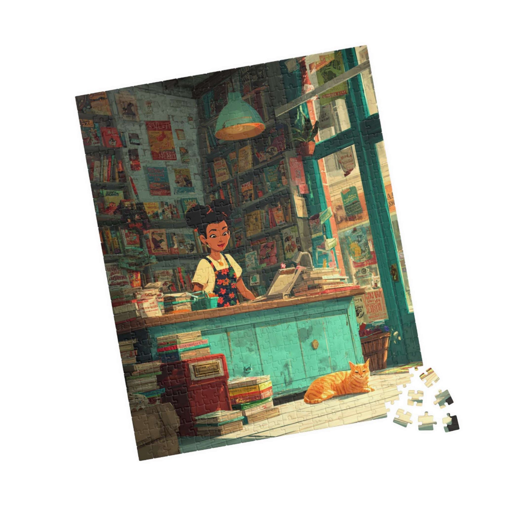 The Bookstore Cat - Whimsical Cartoon Cozy Bookshop Jigsaw Puzzle, Family Activity, Cat Lovers Gift, Perfect for Game Night 520 pcs (Vertical) Puzzle The Puzzle Chest