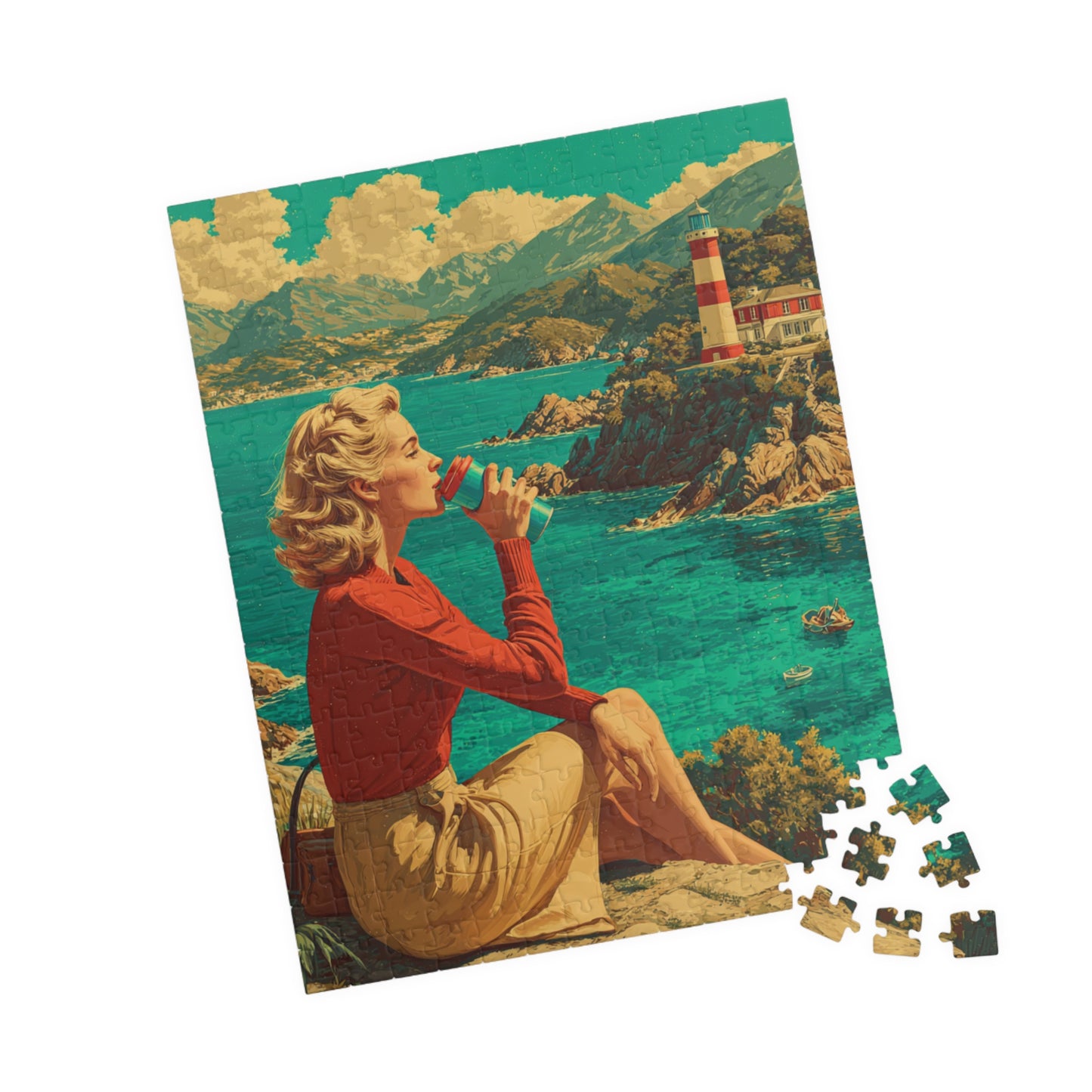 Vintage Coastal Jigsaw Puzzle – 1950s Seaside Travel Poster with Lighthouse Retro Ocean View 252 pcs (Vertical) Puzzle The Puzzle Chest