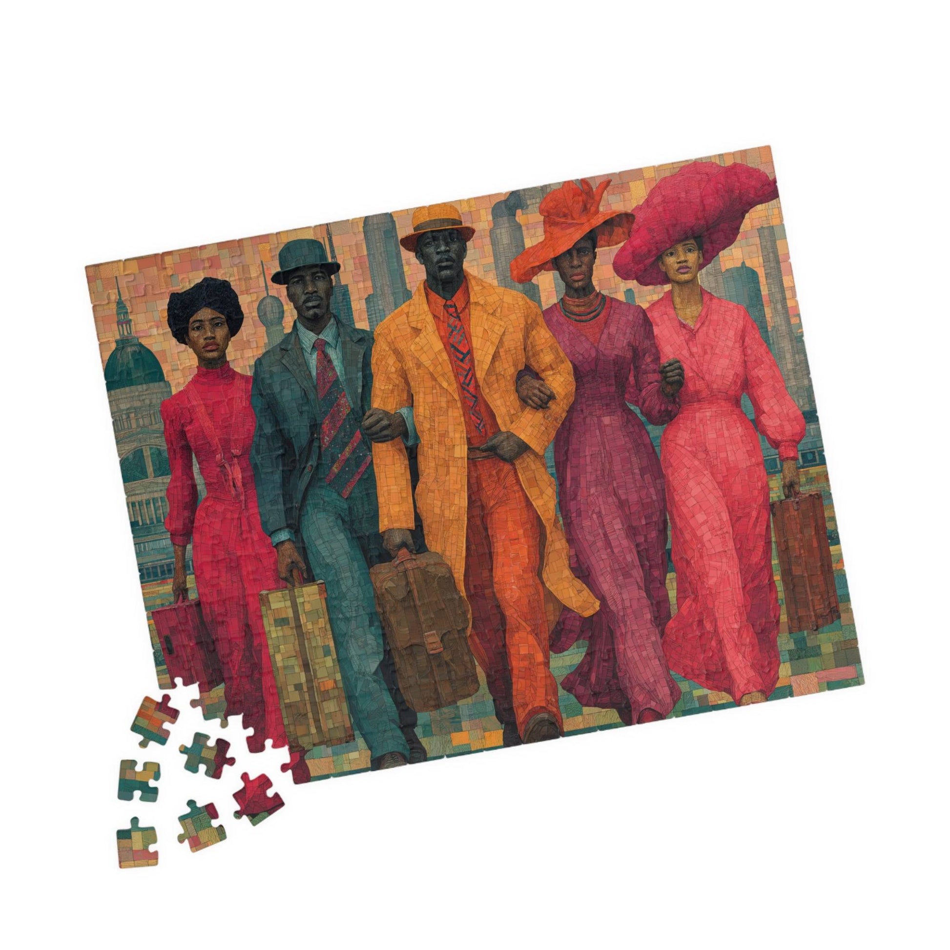 Afrocentric Black Art Puzzle - Migration, Family Strength & City Landscape Scene, Vintage Art for Puzzle Lover 252 pcs (Horizontal) Puzzle The Puzzle Chest
