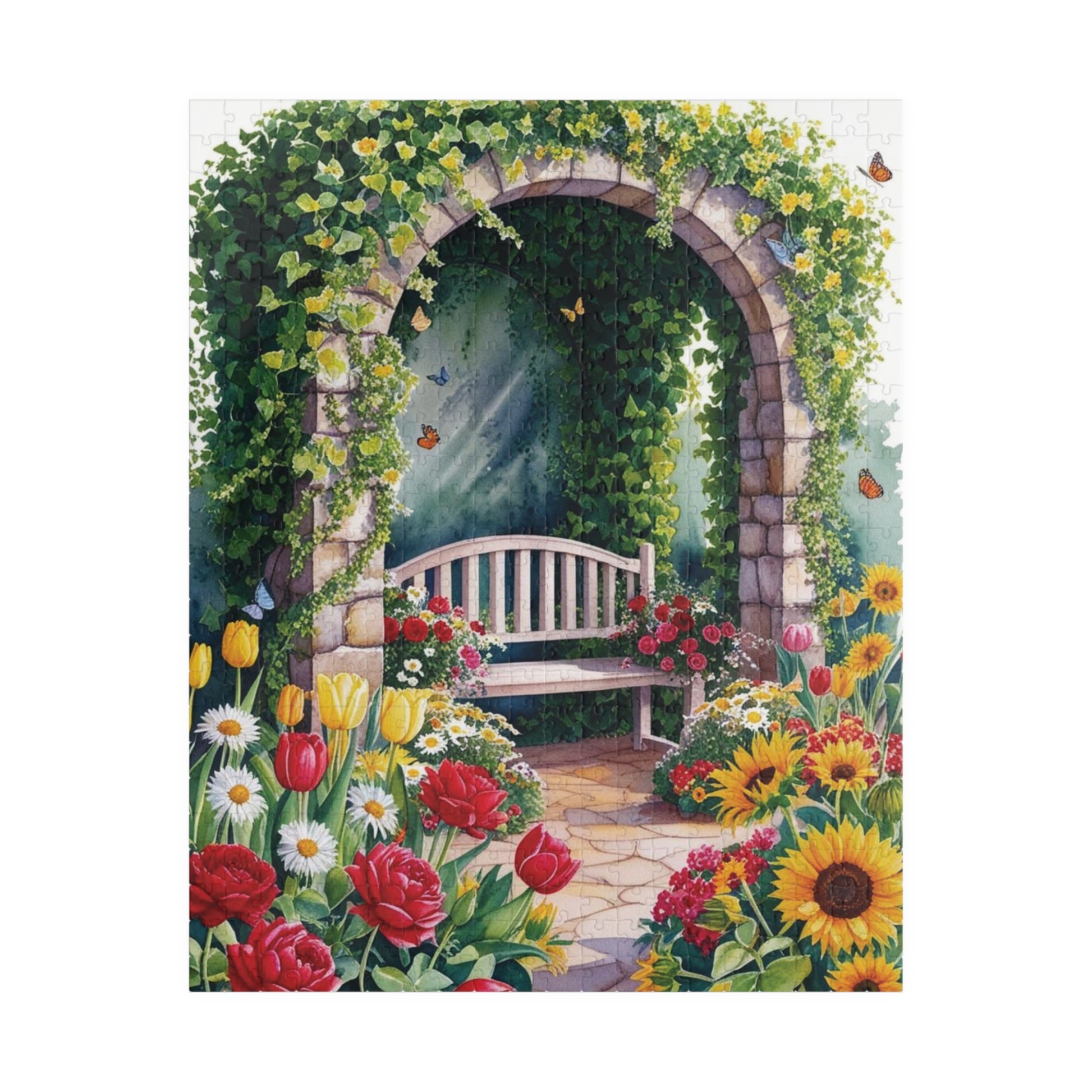 Jigsaw Puzzle, Flower Garden Mosaic Puzzle, Roses Tulips Daisies Sunflowers, Wooden Bench Ivy Butterflies, 110 252 520 1014 pieces, Gift for 520 pcs (Vertical) Puzzle The Puzzle Chest
