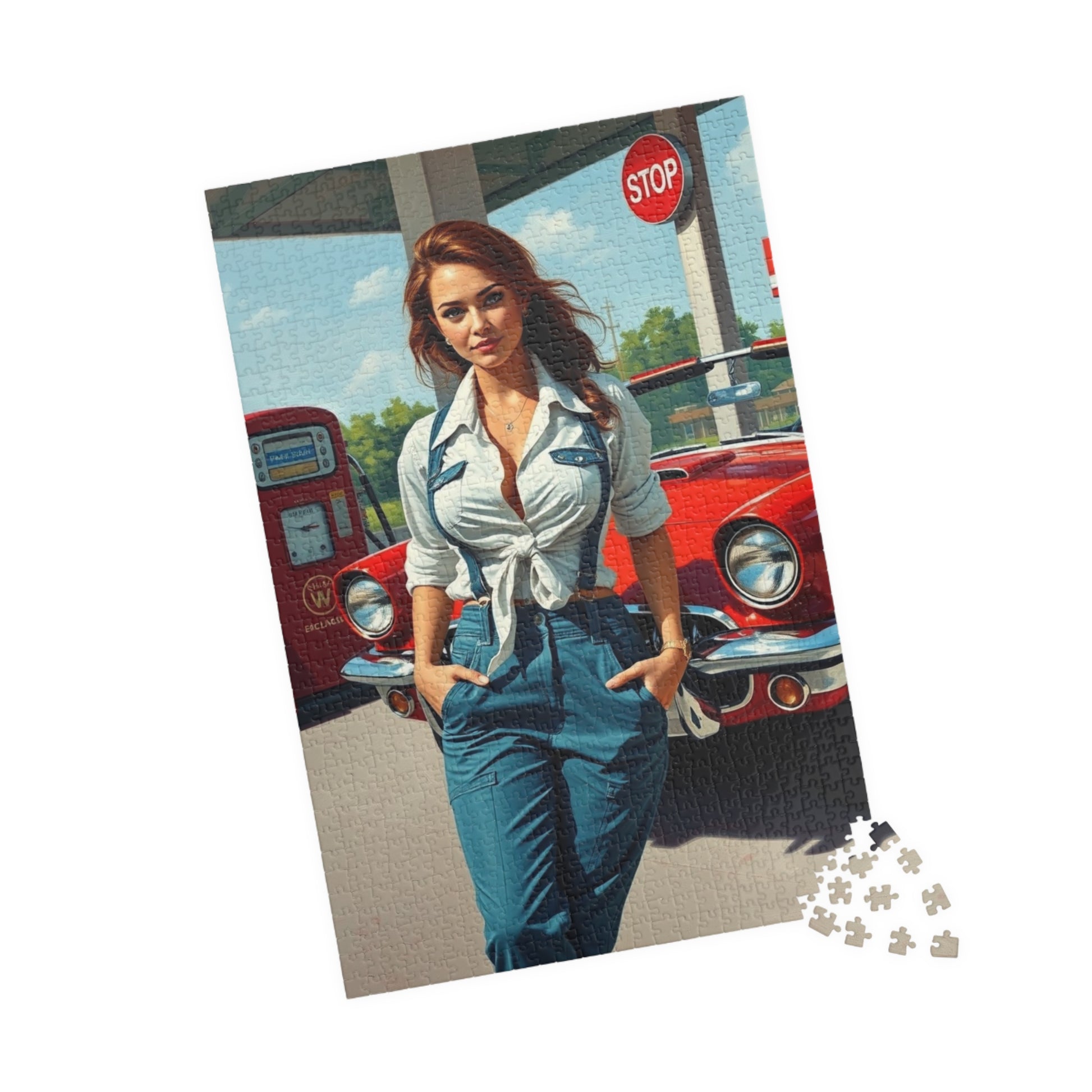 Puzzle, Vintage Mechanic Woman and Red Convertible, Jigsaw Game for Adults, Classic Car Puzzle, Retro Gas Station Image, Brain Teaser Gift Puzzle The Puzzle Chest