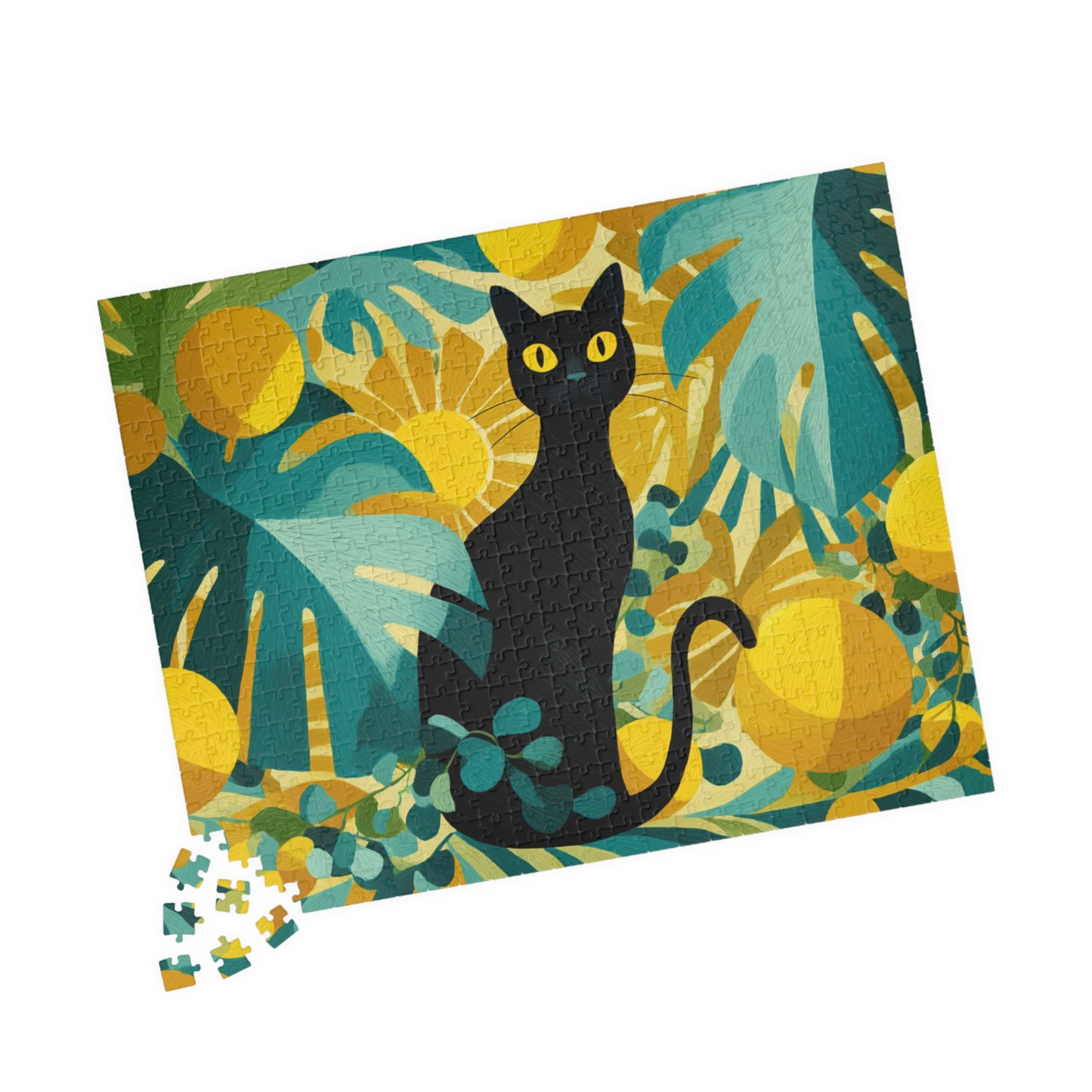 Cat with Tropical Leaves – Vibrant Fauvist Jigsaw Puzzle, Animal Theme Jungle Mystical Black Cat Art Puzzle 520 pcs (Horizontal) Puzzle The Puzzle Chest