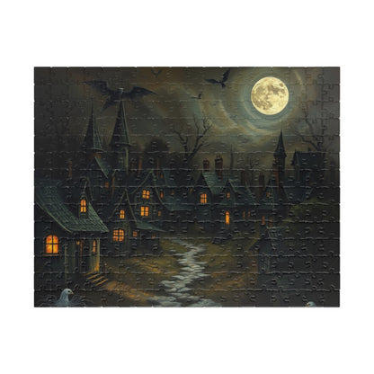 Eerie Village Puzzle (110, 252, 520, 1014-piece), Black Houses Glowing Windows and Full Moon, Spooky Nighttime Scene, Gothic Lover Gift 252 pcs (Horizontal) The Puzzle Chest
