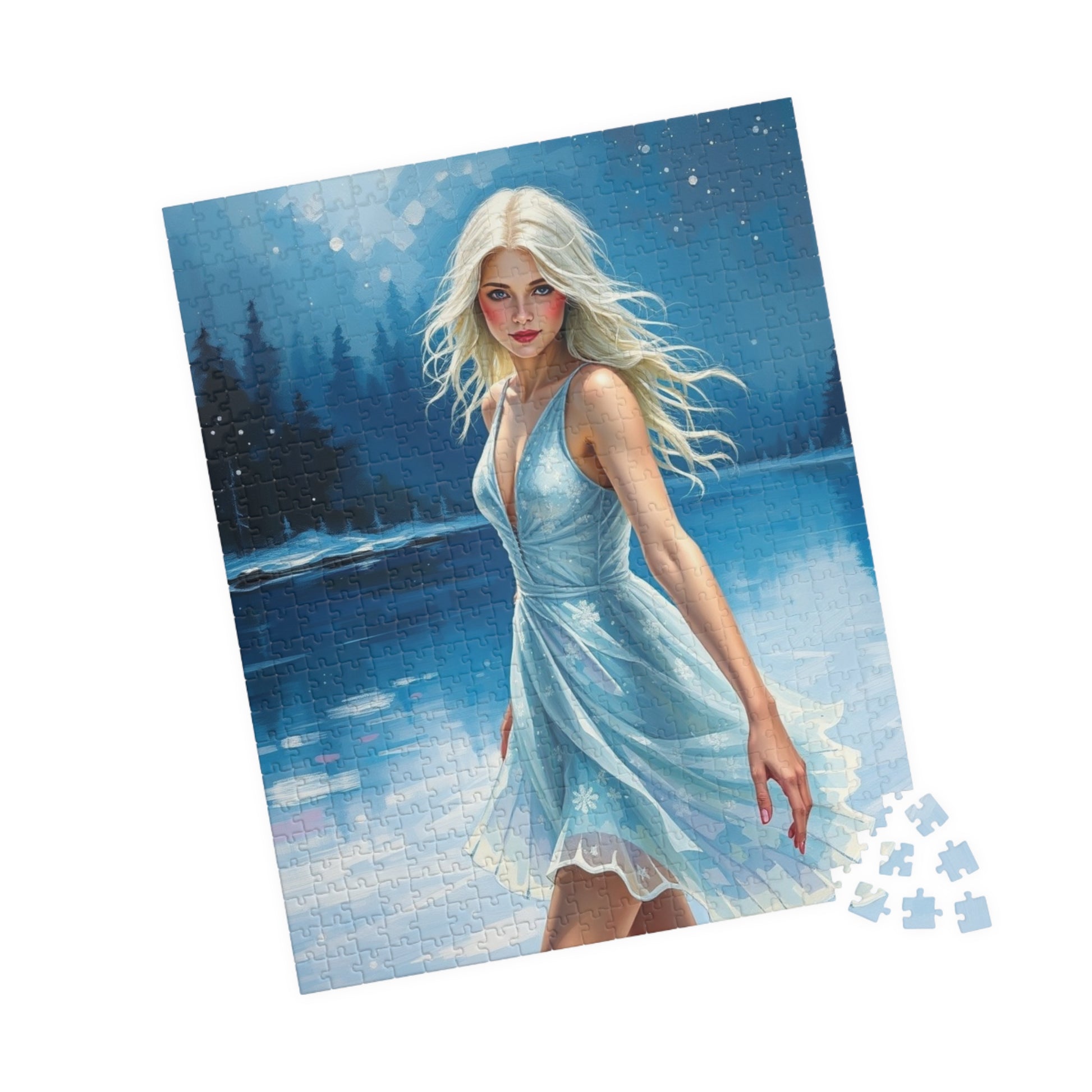 Puzzle - Ice Skating Woman on Frozen Lake, 110, 252, 520, 1014-piece Jigsaw, Sparkling Silver Skating Dress, Winter Activity, Relaxing Puzzle The Puzzle Chest