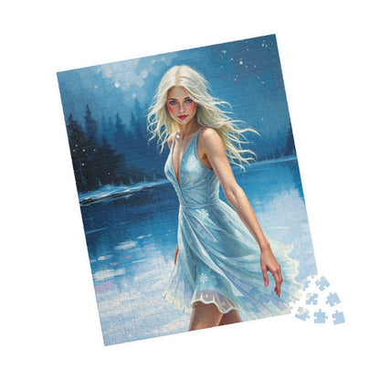 Puzzle - Ice Skating Woman on Frozen Lake, 110, 252, 520, 1014-piece Jigsaw, Sparkling Silver Skating Dress, Winter Activity, Relaxing Puzzle The Puzzle Chest