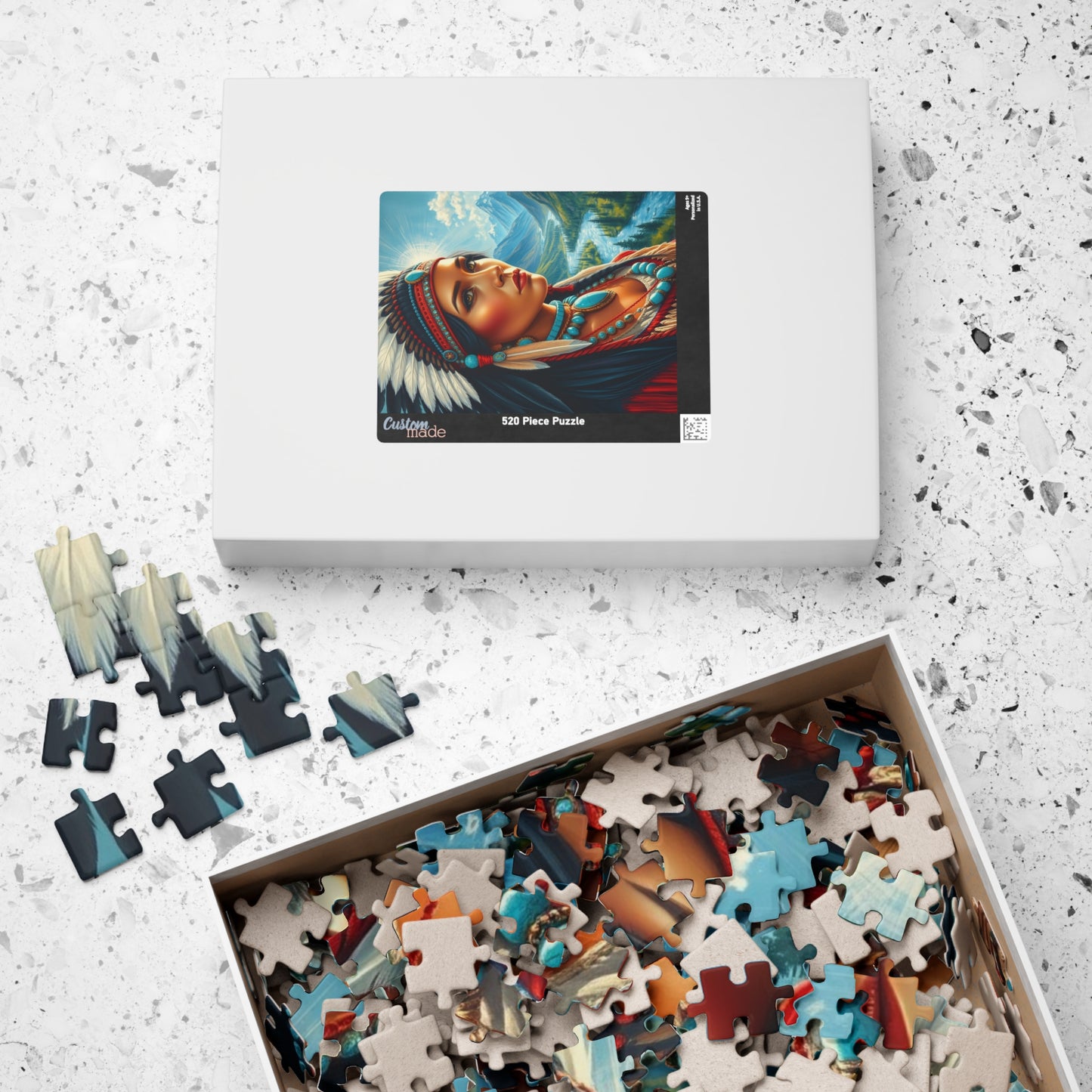 Puzzle, Indigenous Bride with Dark Eyes and Tan Skin, Buckskin Dress, Turquoise Necklace, Feather Headdress Natural Landscape, Mountains, Puzzle The Puzzle Chest