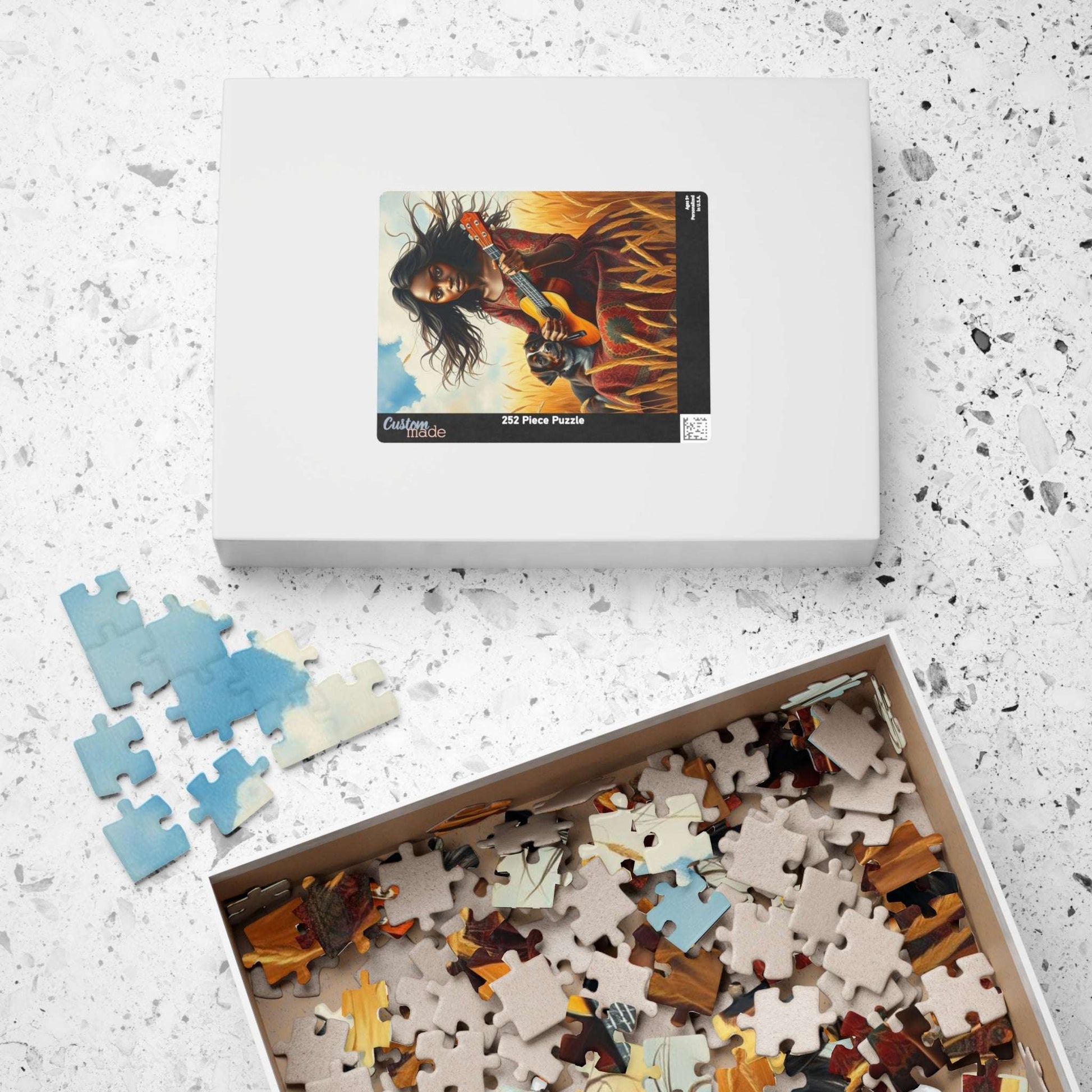Wheat Field Ukulele Serenade Jigsaw Puzzle - Black Woman Art, Afrocentric Art, African American Musician Puzzle The Puzzle Chest