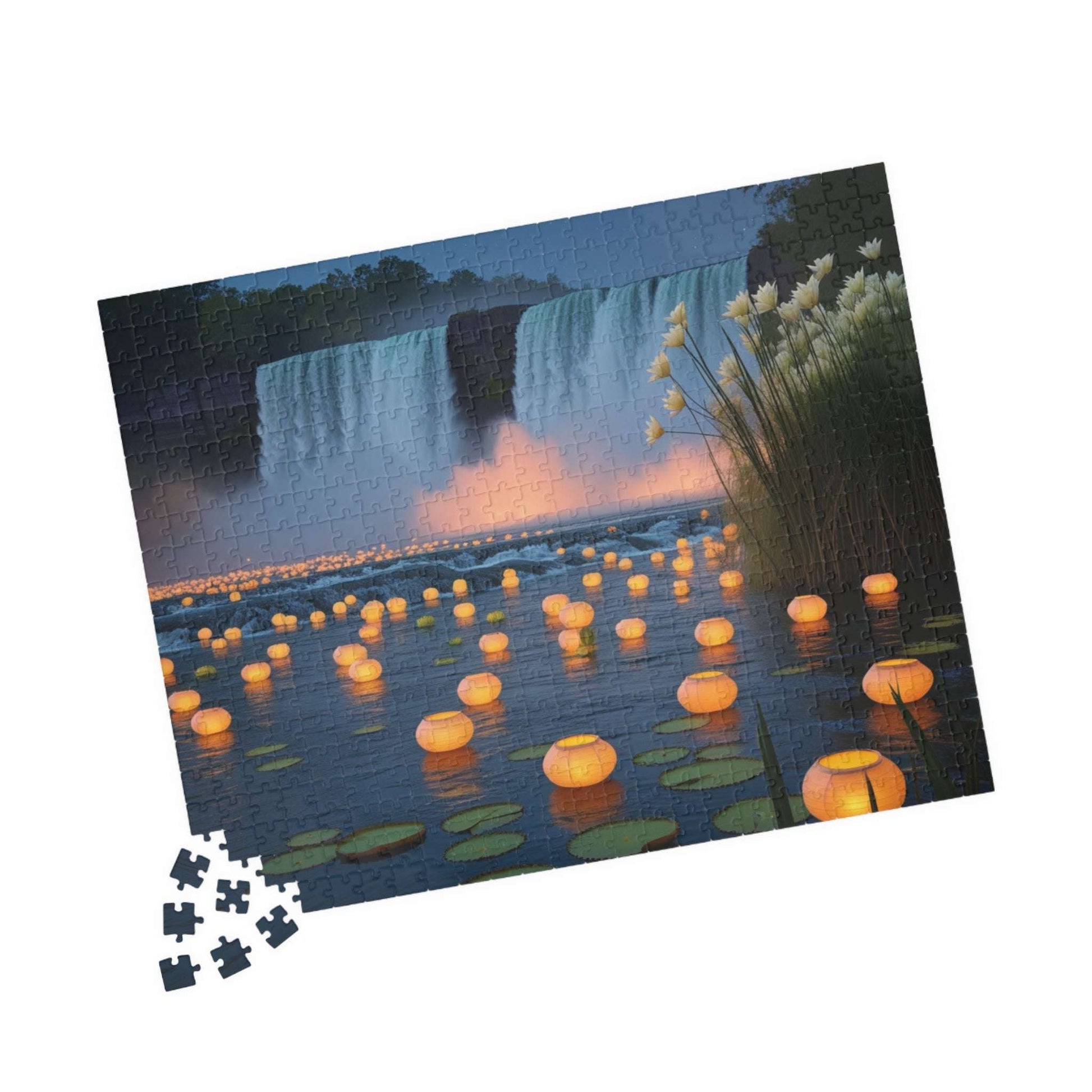 The Mighty Niagara Falls Landmark Jigsaw Puzzle, Nighttime Scene with Floating Lanterns and Lilies, Gift for Nature Lover, Puzzle Enthusiast Puzzle The Puzzle Chest