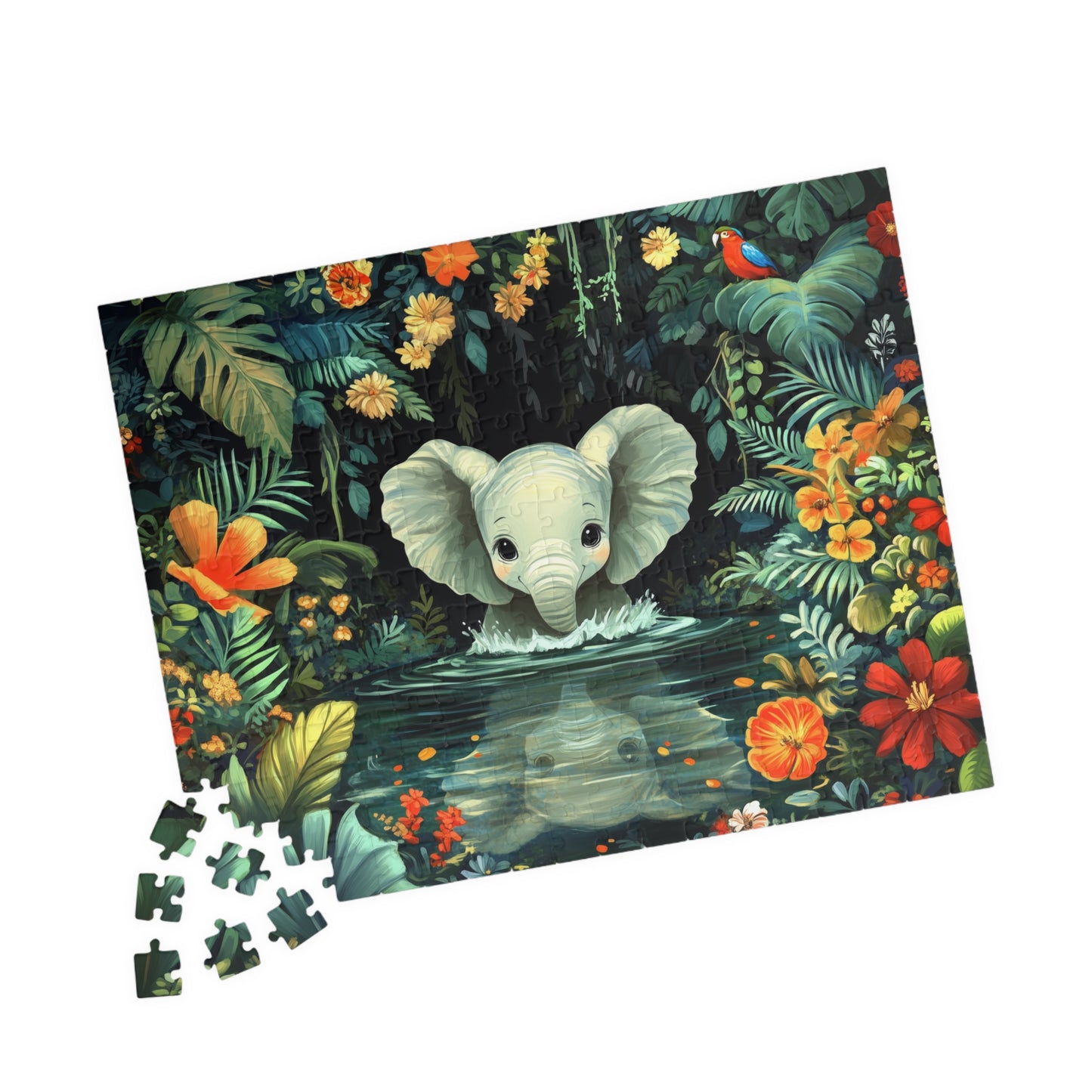 Baby Elephant in Jungle Puzzle | Floral Tropical Scene 110-1014pc 252 pcs (Horizontal) Puzzle The Puzzle Chest
