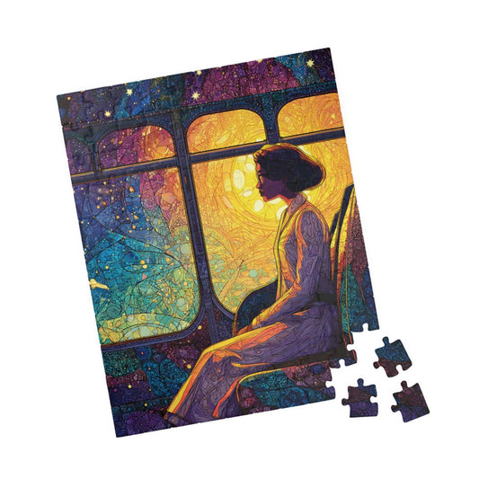 Afrocentric Rosa Parks Puzzle – Black History Figure Jigsaw, Stained Glass Illustration, Civil Rights Hero Artwork, Golden Glow Bus Scene, Abstract Star Patterns 110 pcs (Vertical) Puzzle The Puzzle Chest