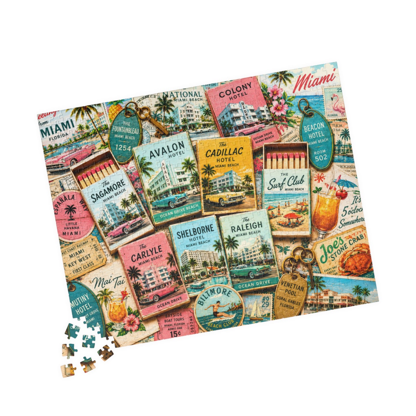 Vintage Miami Matchbook Puzzle | Art Deco Beach Memorabilia Jigsaw | Florida Coastal Tropical Travel Nostalgia