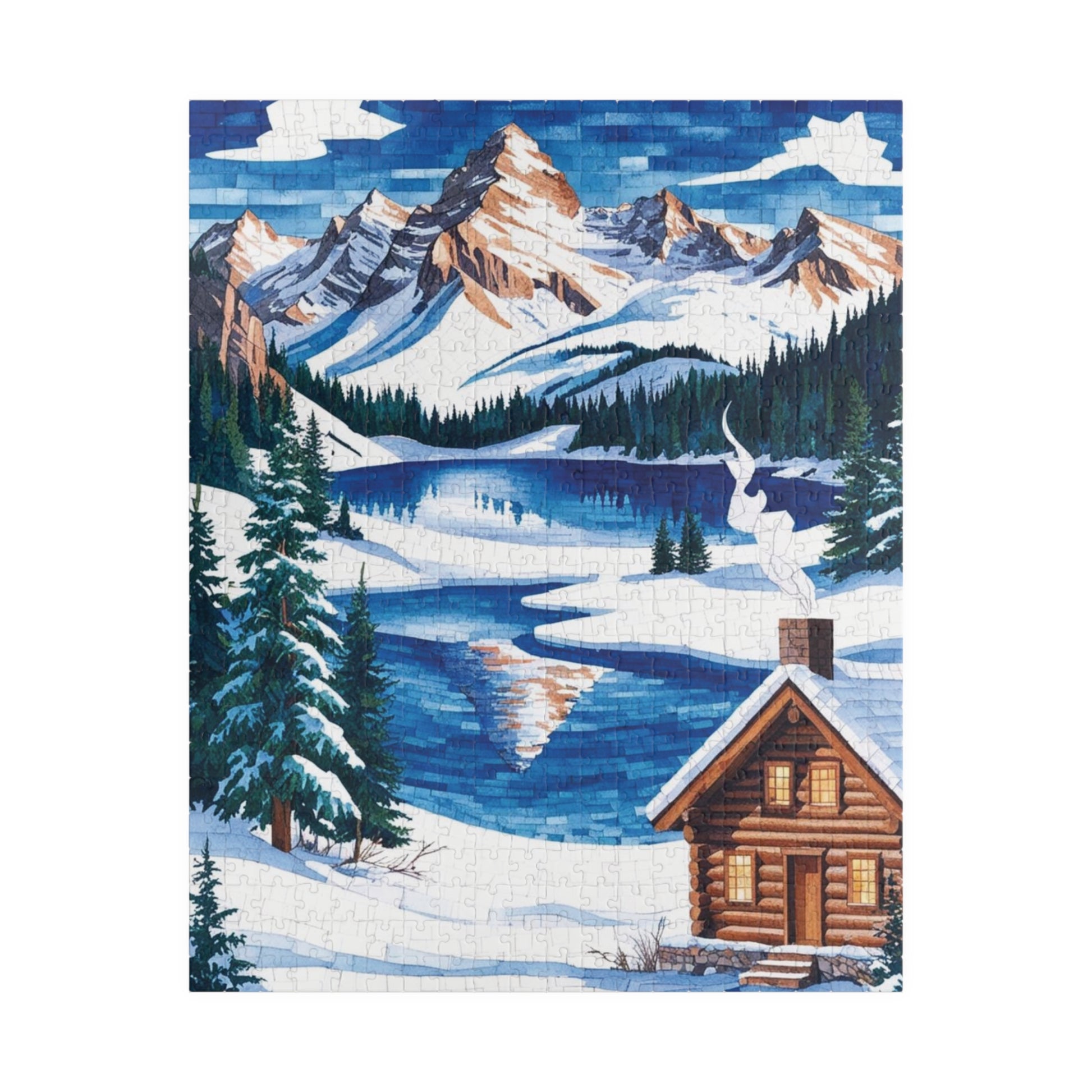 Mosaic Winter Mountain Scene Jigsaw Puzzle, Snowy Cabin Landscape, 520 Piece, Christmas Gift, Relaxation Activity, Wall Art Decor 520 pcs (Vertical) Puzzle The Puzzle Chest