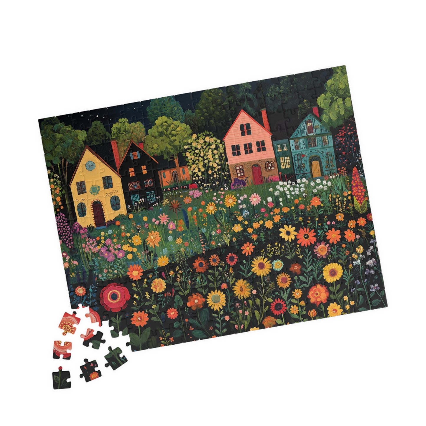 Whimsical Floral Village Jigsaw Puzzle - Moonlit Cottage Scene 252 pcs (Horizontal) Puzzle The Puzzle Chest