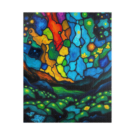 Radiant Understory Landscape Jigsaw Puzzle, Stained Glass Style Nature-Themed Abstract Puzzle for Family Fun, Gifts, Home Decor, Game Nights