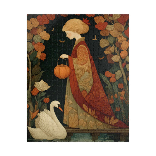 Autumn Bridge Jigsaw Puzzle – Whimsical Fall Fairy-Tale Puzzle for Adults, Girl with Lantern and Swan Puzzle The Puzzle Chest