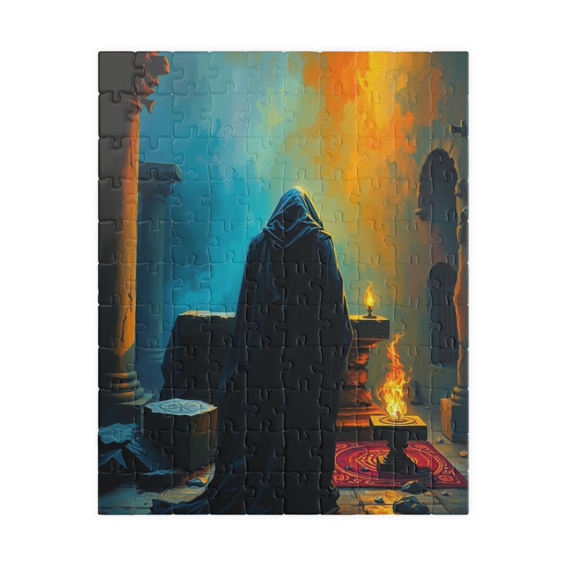 Gothic Jigsaw Puzzle, Dark Shadowy Cloaked Figure Altar Ruined Temple Torchlight Theme, 110 252 520 1014-piece, Wall Art Decor, Lore Gift 110 pcs (Vertical) Puzzle The Puzzle Chest