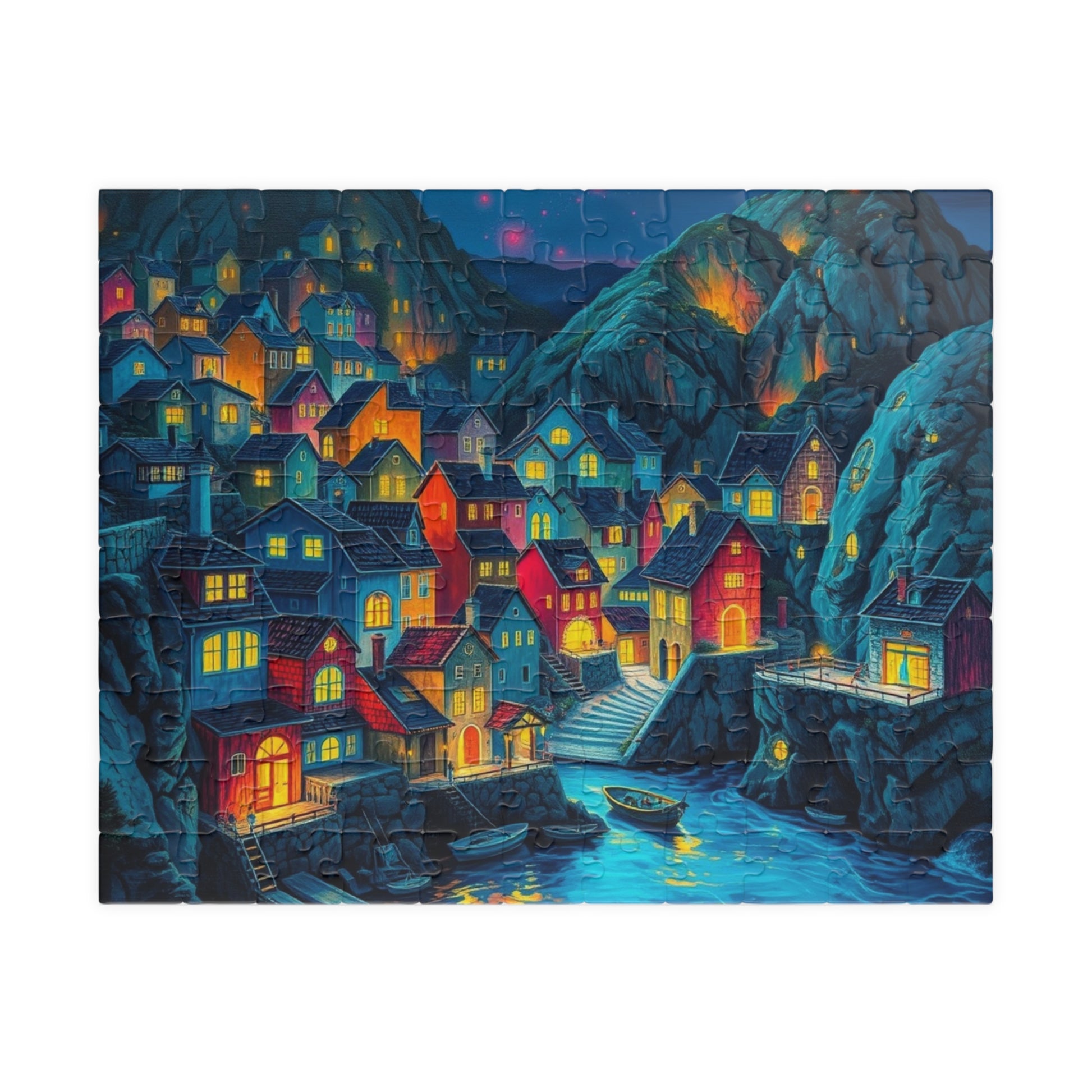 Bioluminescent 3D Village Jigsaw Puzzle for Adults, Cinematic Style with Glowing Colors and Dramatic Town Scene, Ideal Gift for Puzzle Fan 110 pcs (Horizontal) The Puzzle Chest