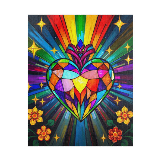 Spectrum Heart Puzzle for Adults, Stained Glass Style Art Jigsaw, Mindfulness Activity, Gift for Her, Family Game Night, Pride Rainbow Decor