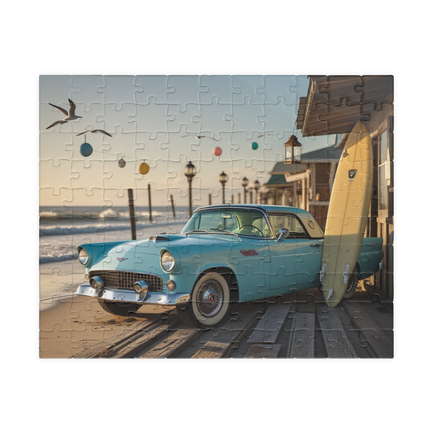 Vintage Car Jigsaw Puzzle - Classic 1955 Thunderbird | Retro Auto Beach Scene 110 pcs (Horizontal) Puzzle The Puzzle Chest