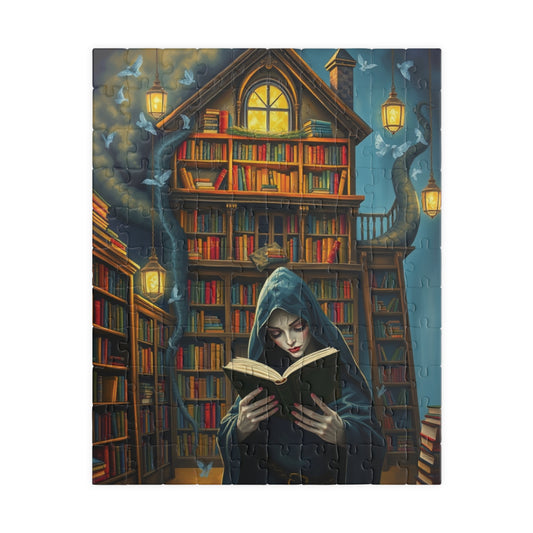 Gothic Bookstore Jigsaw Puzzle, Cloaked Figure Pale Skin Intense Eyes, Dark Fantasy Whimsical, Challenging Adult Tabletop Game, Giftable 110 pcs (Vertical) Puzzle The Puzzle Chest