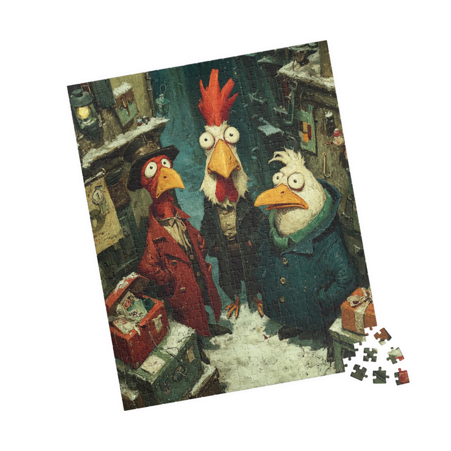 Quirky Gothic Roosters Jigsaw Puzzle - Victorian Chickens, Town Square and Snowy Whimsy 520 pcs (Vertical) Puzzle The Puzzle Chest
