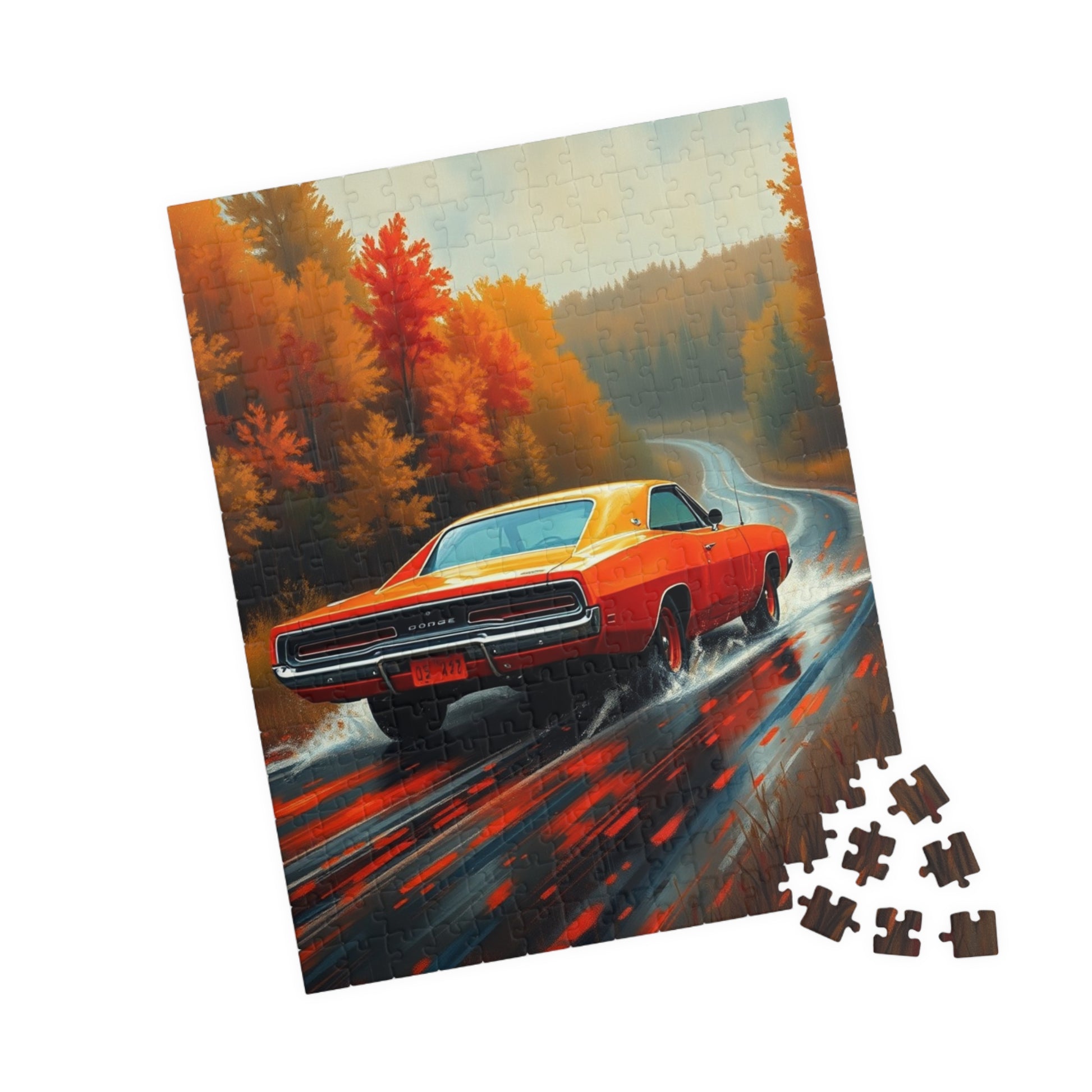 Vintage Car Puzzle - Classic 1969 Charger, Autumn Road Trip Scene Puzzle The Puzzle Chest