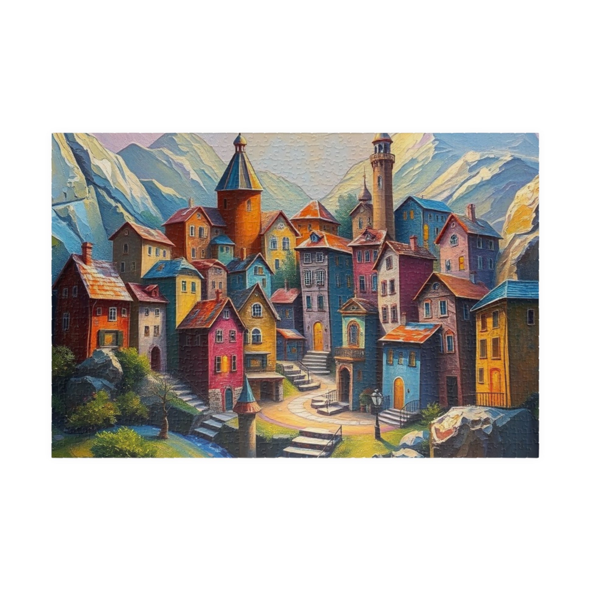 Unique 3D Village Jigsaw Puzzle 110, 252, 520, 1014-piece, Featuring a Colorful Ethereal Town Scene, Mindfulness Gift for Puzzle Enthusiast 1014 pcs (Horizontal) The Puzzle Chest