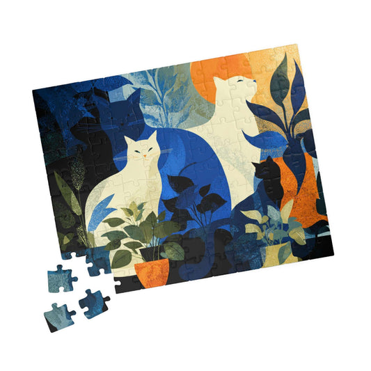 Cats and Plants Collage Jigsaw Puzzle, Animal Theme Abstract Cat Art Puzzle Inspired by Matisse 110 pcs (Horizontal) Puzzle The Puzzle Chest
