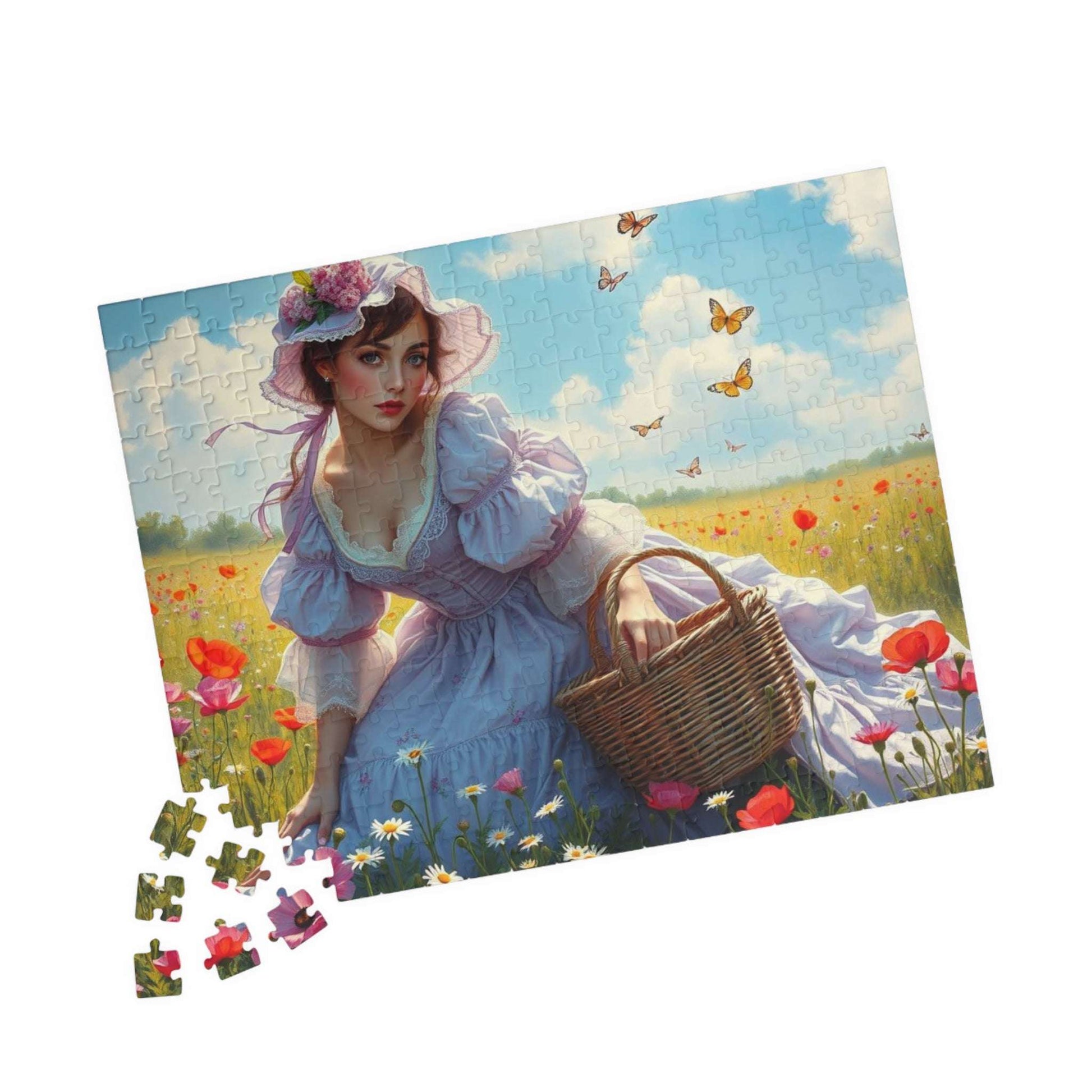 Victorian Elegance in Bloom - 19th-Century Woman in Wildflower Field Jigsaw Puzzle, Vintage-Inspired Scene 252 pcs (Horizontal) Puzzle The Puzzle Chest