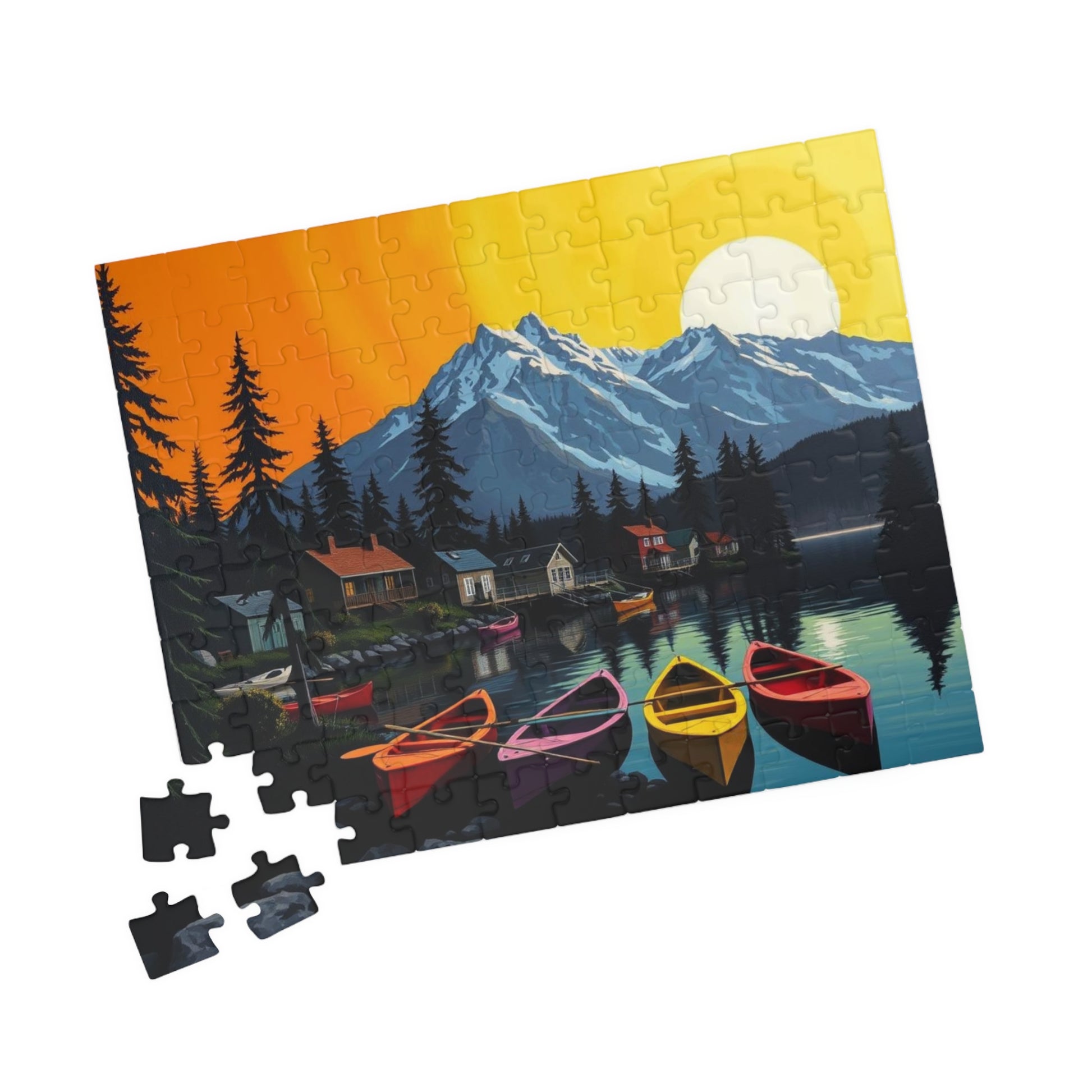 Banff Lakeside Village Puzzle for Adults, Nature Kayaks Trees Cabins and Mountains Jigsaw Game Puzzle The Puzzle Chest