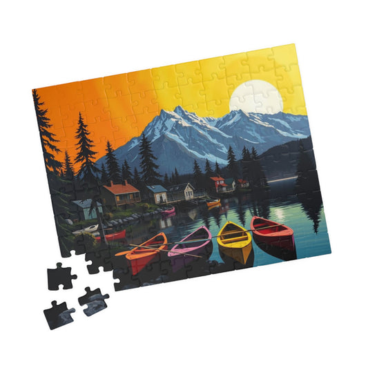Banff Lakeside Village Puzzle for Adults, Nature Kayaks Trees Cabins and Mountains Jigsaw Game Puzzle The Puzzle Chest