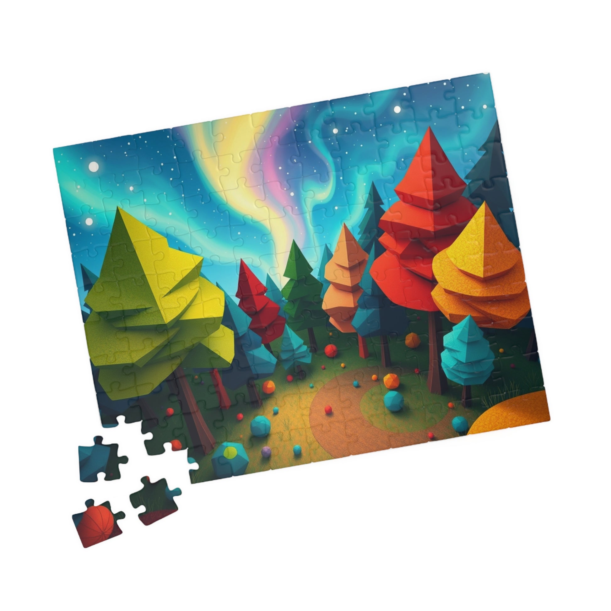 Abstract Landscape Jigsaw Puzzle, Magical Forest with Geometric Trees Aurora Sky, Challenging Game for Mental Exercise, Puzzle Lover Gift Puzzle The Puzzle Chest
