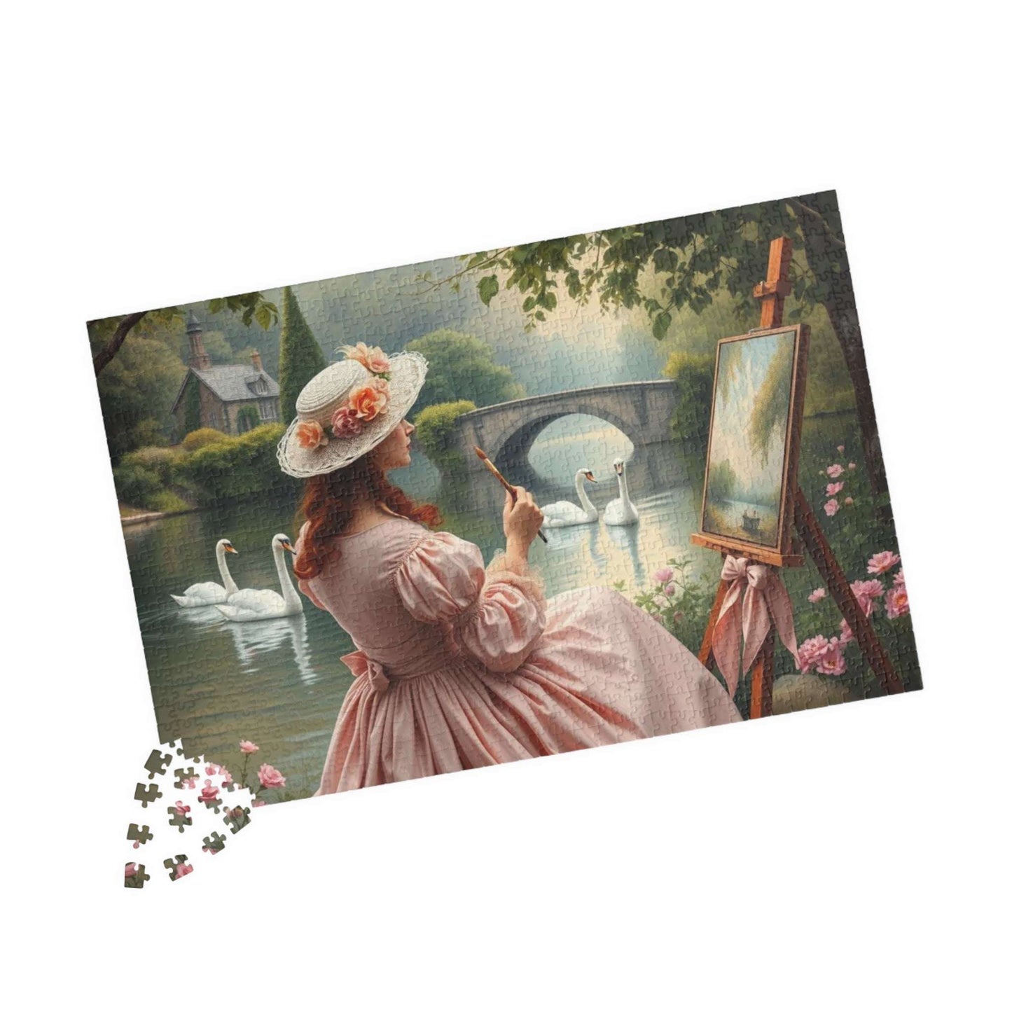 Romantic Lake Painting Jigsaw Puzzle - Victorian Woman, Swans, Stone Bridge & Blossoms, Vintage Style Gift for Art Lover 1014 pcs (Horizontal) Puzzle The Puzzle Chest