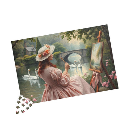 Romantic Lake Painting Jigsaw Puzzle - Victorian Woman, Swans, Stone Bridge & Blossoms, Vintage Style Gift for Art Lover 1014 pcs (Horizontal) Puzzle The Puzzle Chest