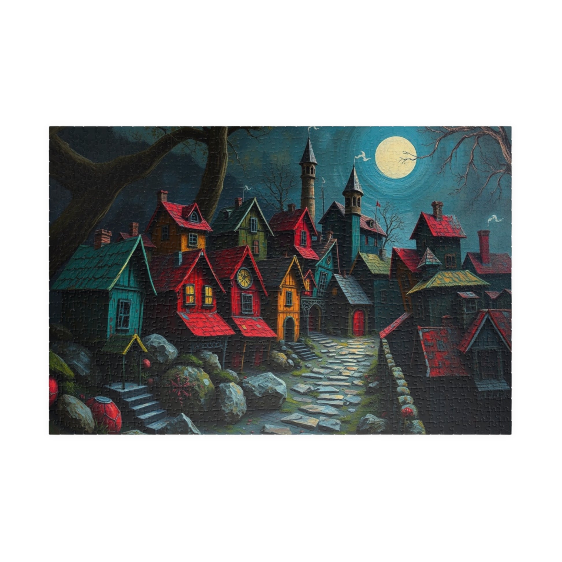 Nighttime Village 3D Puzzle (110, 252, 520, 1014-piece), Haunting Spooky Town at Night, Ideal Puzzle Gift for Gothic Dark Art Lover, Mindful 1014 pcs (Horizontal) The Puzzle Chest