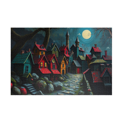 Nighttime Village 3D Puzzle (110, 252, 520, 1014-piece), Haunting Spooky Town at Night, Ideal Puzzle Gift for Gothic Dark Art Lover, Mindful 1014 pcs (Horizontal) The Puzzle Chest