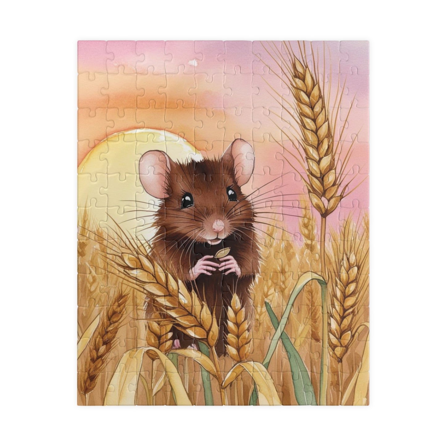 Animal Jigsaw Puzzle Gifted, Cute Mouse in Wheat Field Sunset Art, Animal Lover Brain Teaser Game Family Activity, Relaxing Hobby Enthusiast