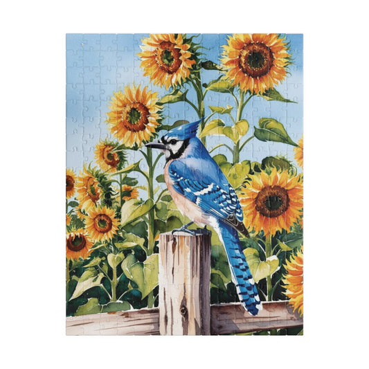 Blue Jay Sunflower Field Jigsaw Puzzle, Bird Enthusiasts Nature Lover Gift, Staycation Activity Mindfulness Stress Relief Animal Theme Game 252 pcs (Vertical) Puzzle The Puzzle Chest