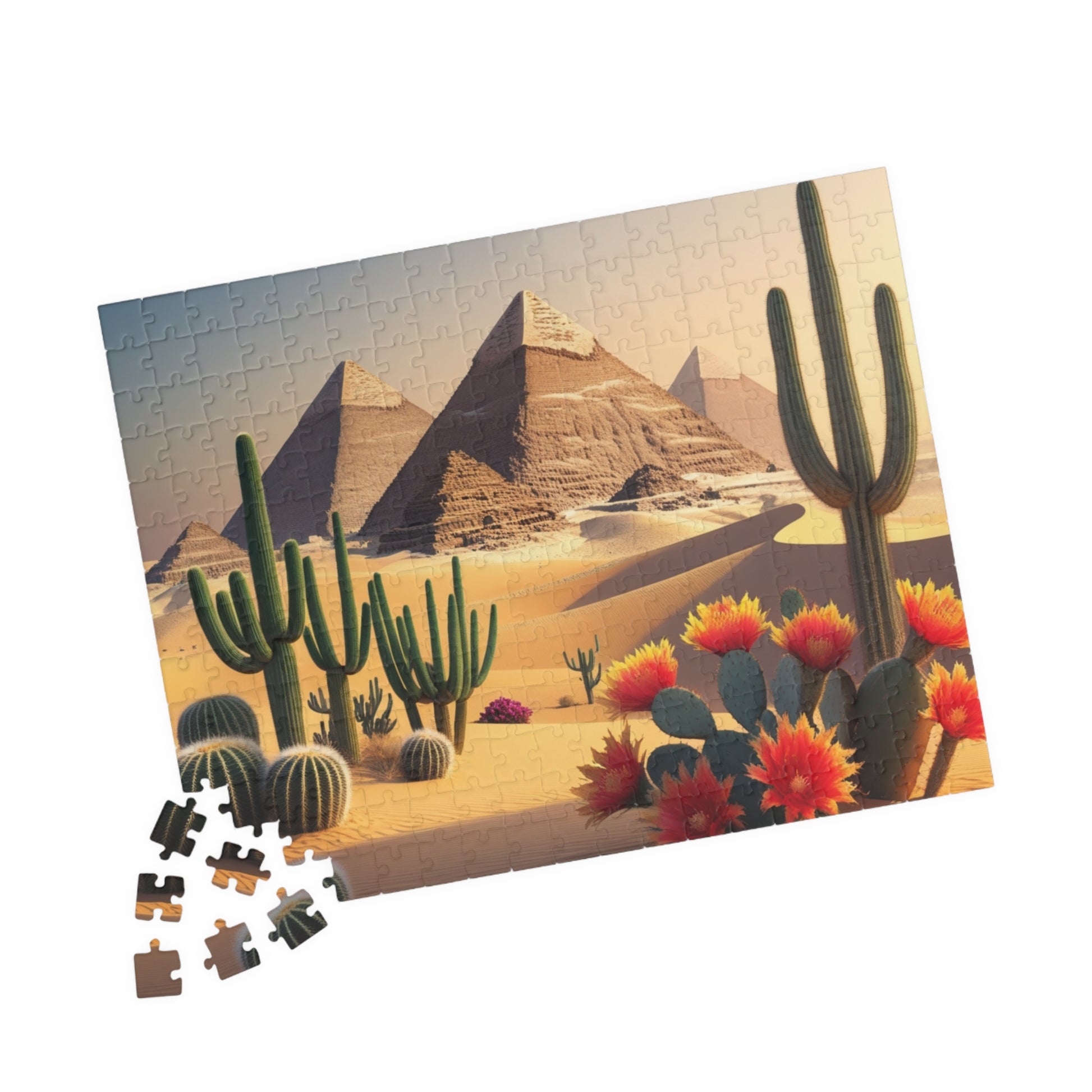 Pyramids of Giza Jigsaw Puzzle, Desert Landscape Cacti Prickly Pears Red Flowers, 110 252 520 1014-piece, Fun Egyptian Travel Hobby, Ancient Puzzle The Puzzle Chest
