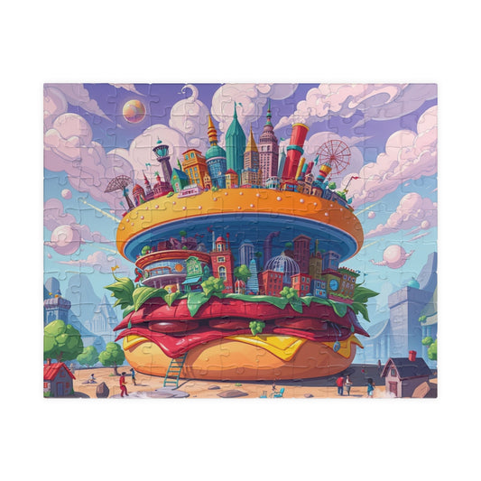 Giant Burger Cityscape Pop Art Puzzle, Colorful Fun and Unique Jigsaw Game Toy, Gift for Food and Urban Art Lovers, Entertaining Pastime 110 pcs (Horizontal) Puzzle The Puzzle Chest