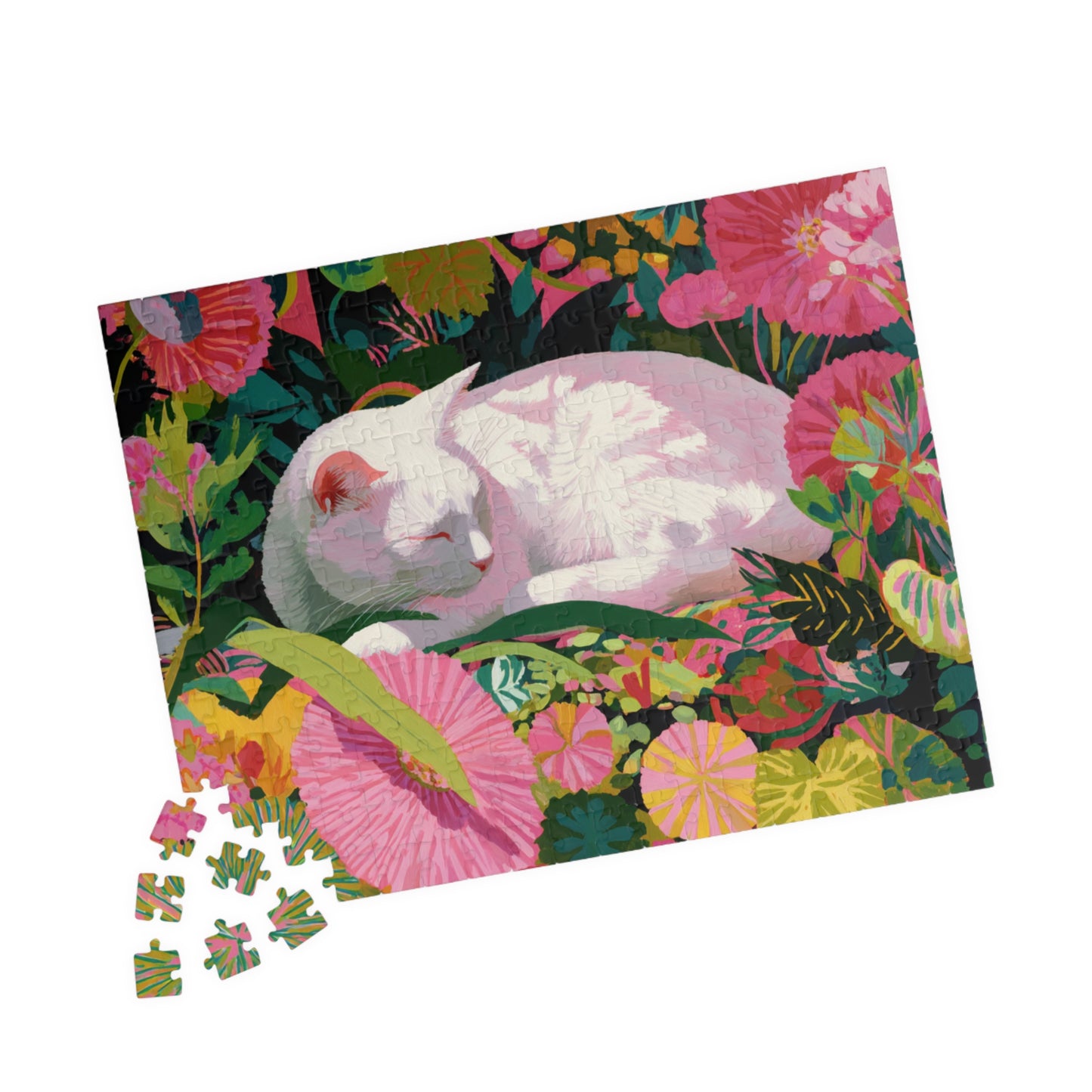 The Sleeping Garden Cat – Bright Fauvist Garden Jigsaw Puzzle, Animal Theme Nature and Cat Art Puzzle 252 pcs (Horizontal) Puzzle The Puzzle Chest