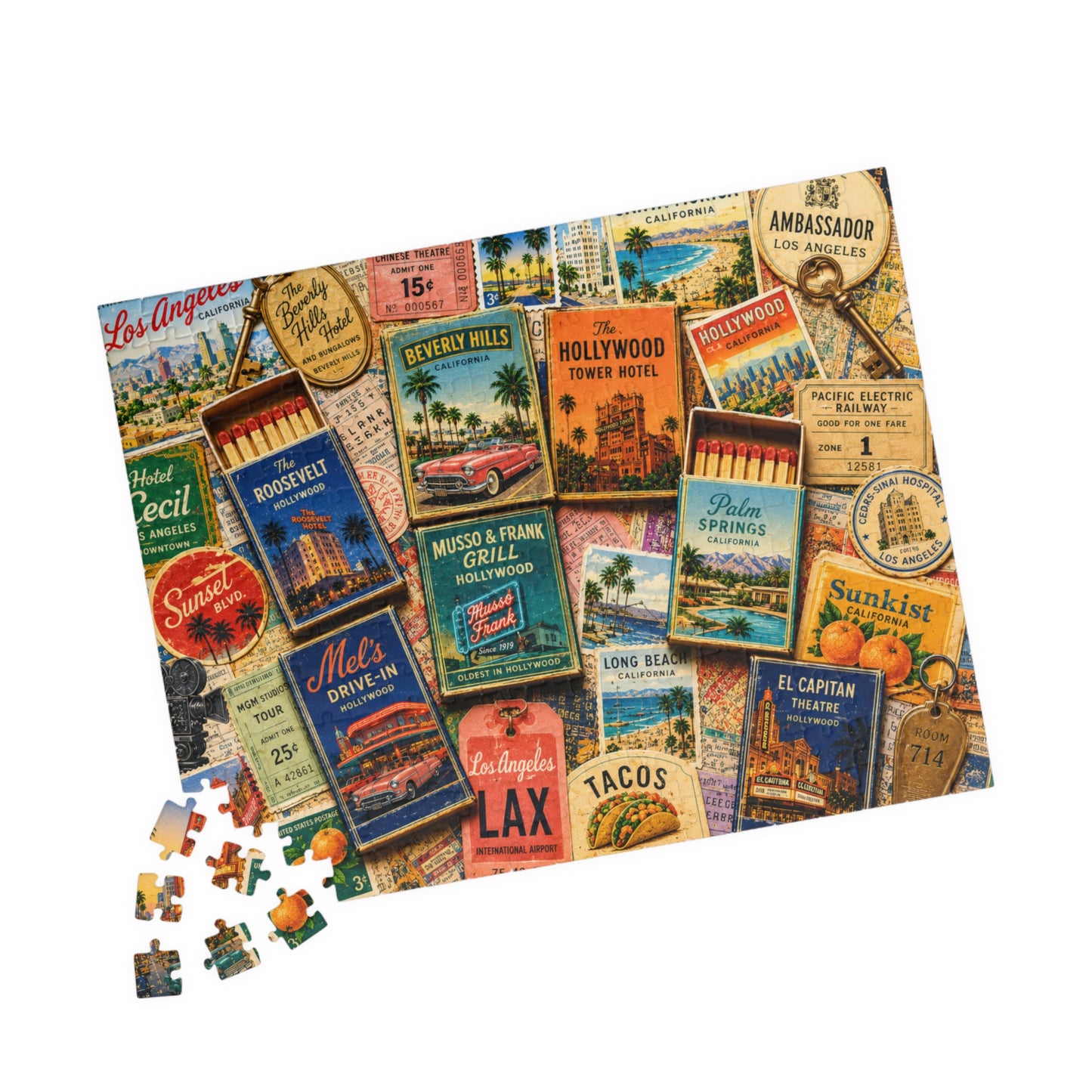 Vintage Los Angeles Matchbook Puzzle | Hollywood Memorabilia Jigsaw | California Landmark Retro LA Nostalgia