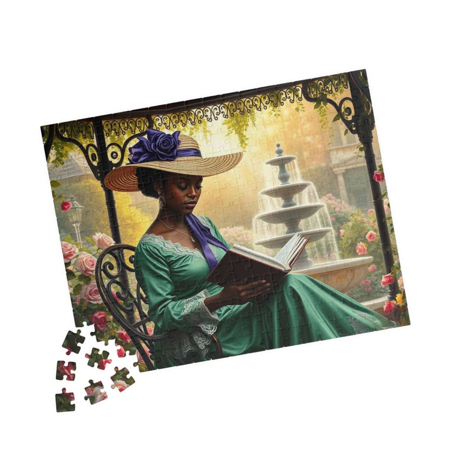 Black Victorian Scholar Jigsaw Puzzle, Afro Woman Reading in Flower Garden, Afrocentric Art 252 pcs (Horizontal) Puzzle The Puzzle Chest