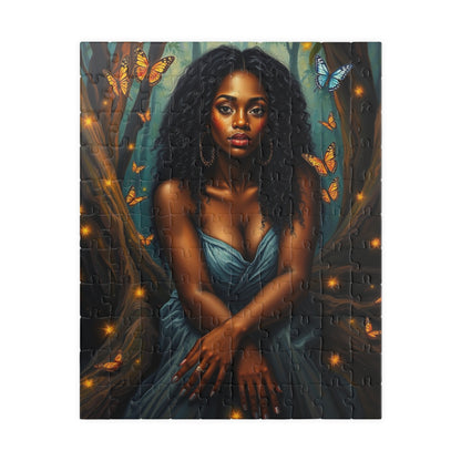 Afrocentric Jigsaw Puzzle - Black Woman in Mystical Forest, Fireflies and Butterflies Design, Relaxing Indoor Family or Solo Activity, Gift