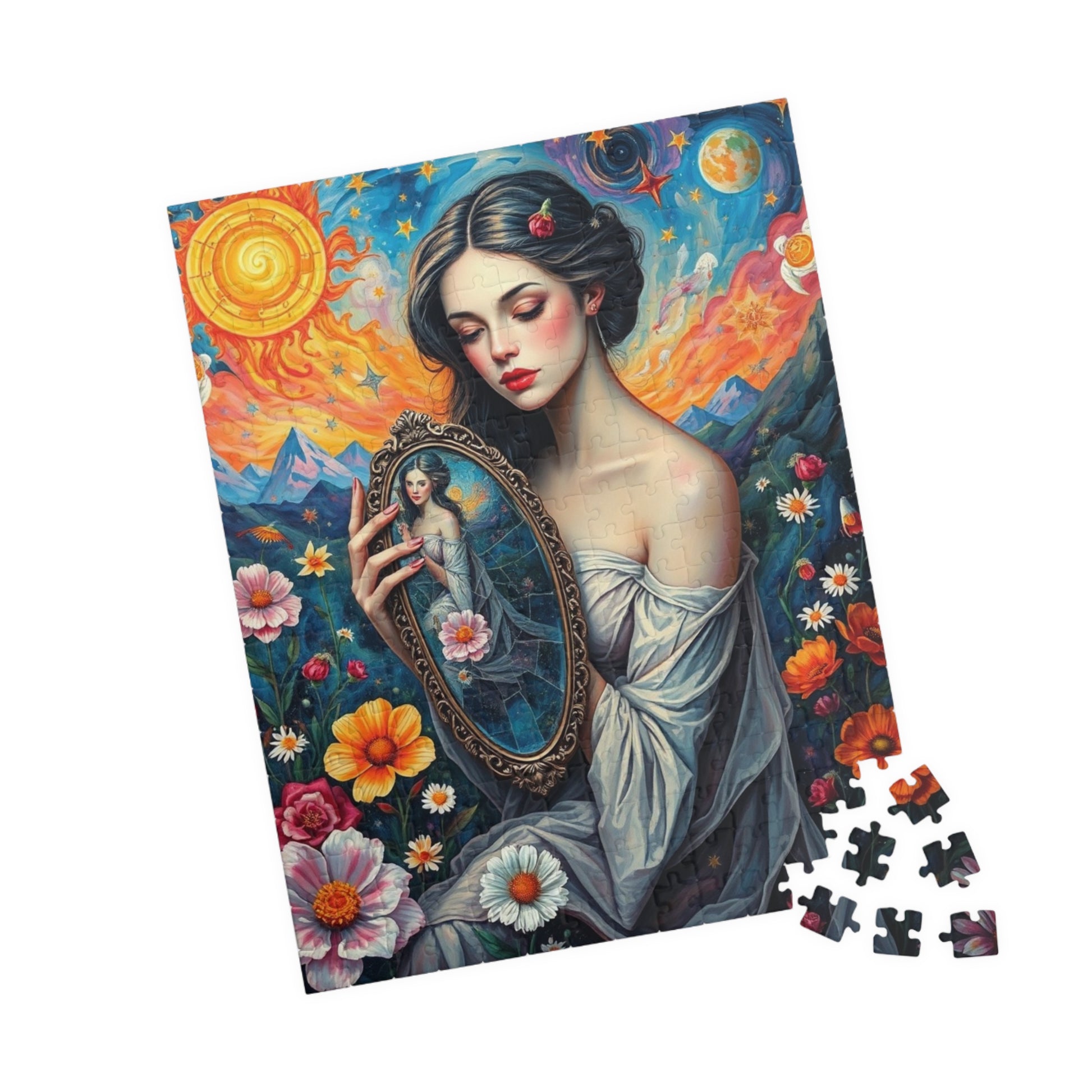 Dreamlike Self-Reflection Jigsaw Puzzle with Vibrant Flowers and Stars, Frida Kahlo Inspired, 110-1014 Piece Gift for Puzzle Art Lover 252 pcs (Vertical) Puzzle The Puzzle Chest