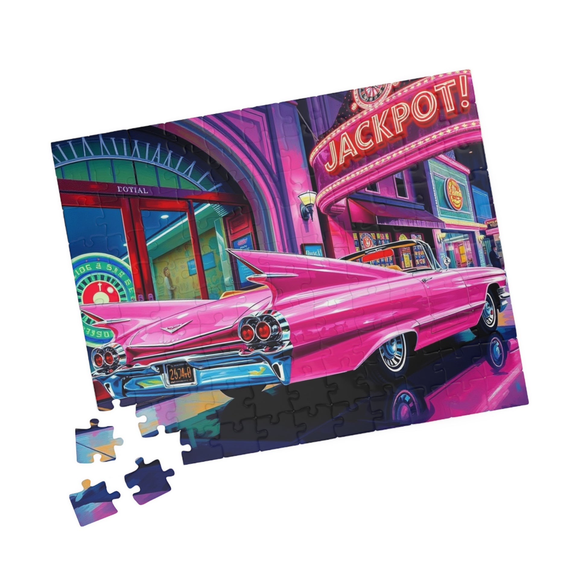 Vintage Car Puzzle - 1959 Pink Eldorado, Retro Casino and Classic Vehicle Scene Puzzle The Puzzle Chest