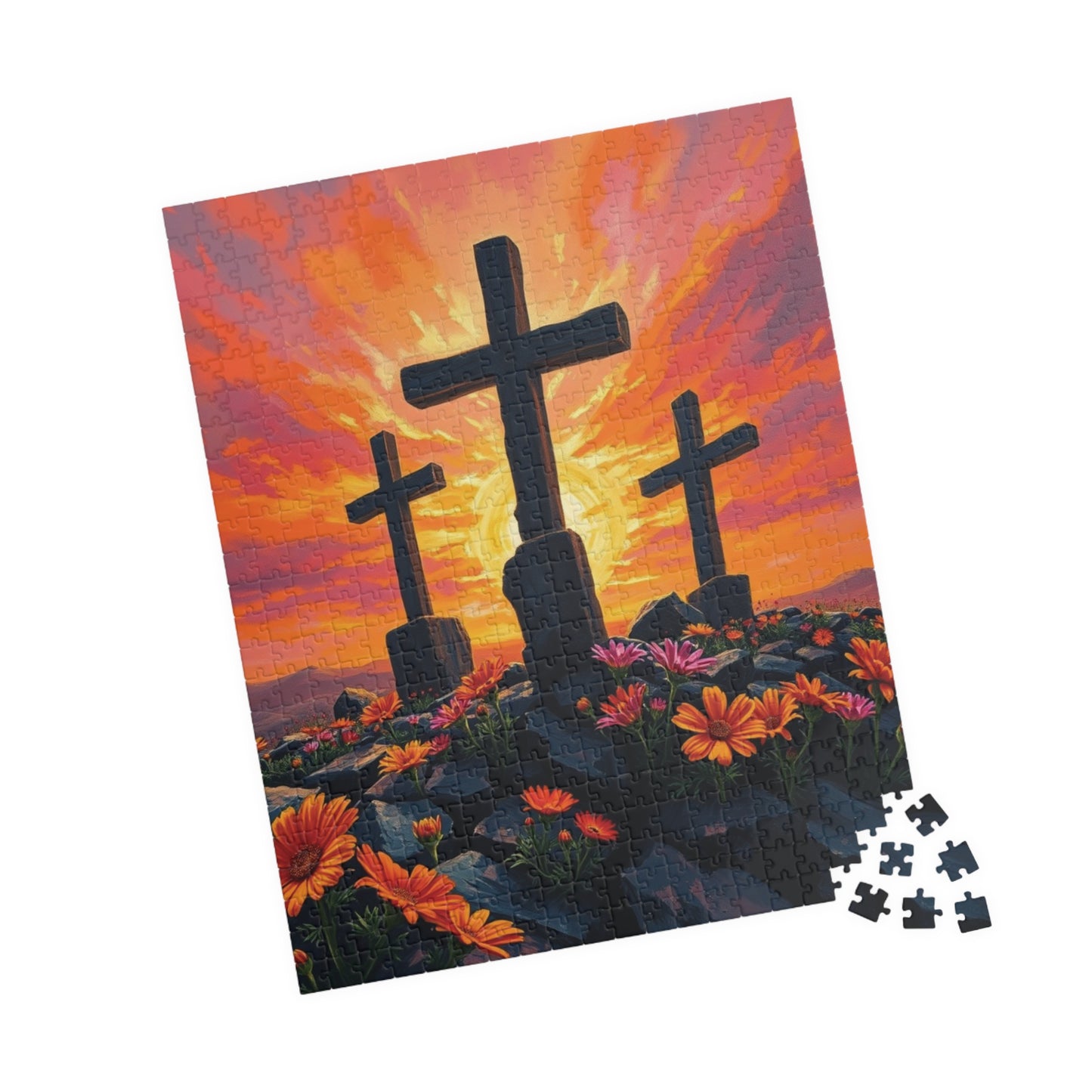 Three Crosses Sunrise Puzzle, Christian Wildflower Jigsaw Game, Spiritual Uplifting Scene with Wooden Crosses, Religious Puzzle Lover Gift Puzzle The Puzzle Chest
