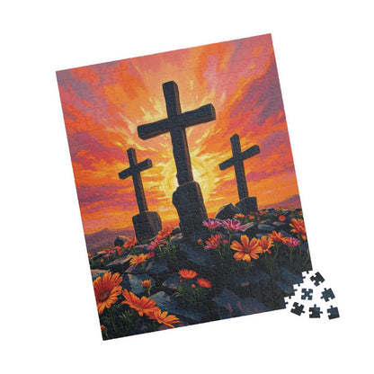 Three Crosses Sunrise Puzzle, Christian Wildflower Jigsaw Game, Spiritual Uplifting Scene with Wooden Crosses, Religious Puzzle Lover Gift Puzzle The Puzzle Chest