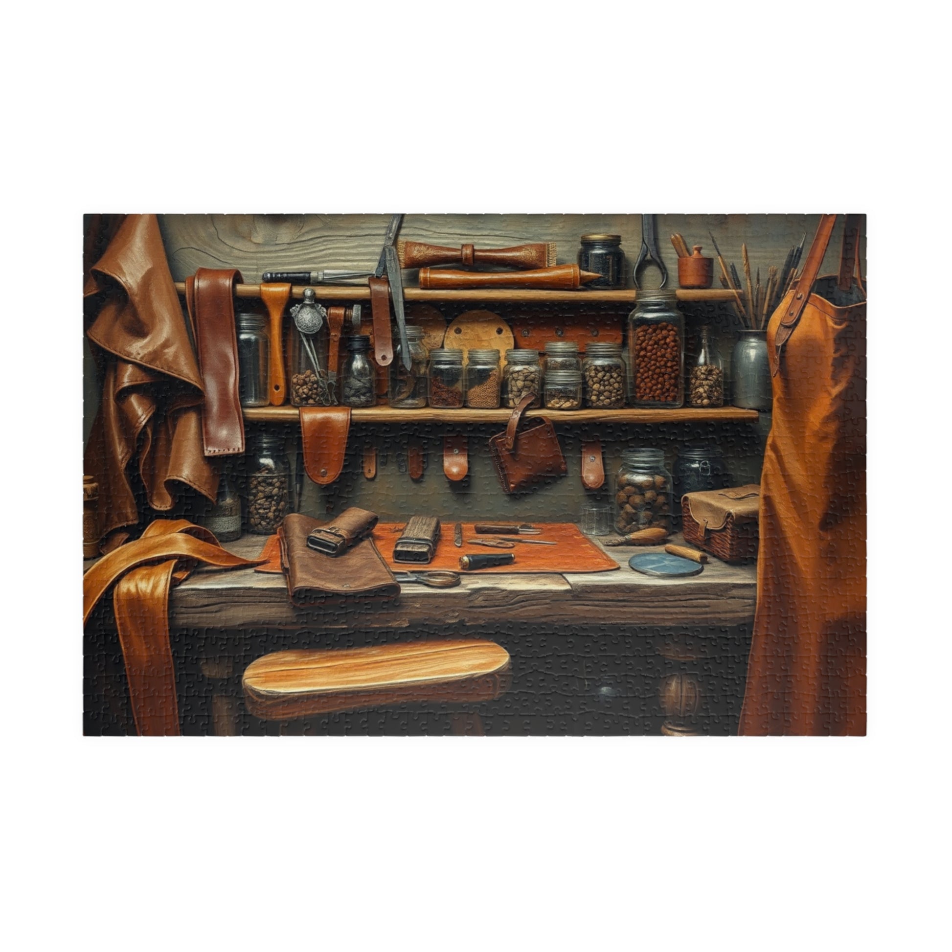 Rustic Leatherworking Bench Puzzle (110-1014 Piece), Leathercraft Work Studio Jigsaw Game, Relaxing Activity for Craft and Puzzle Enthusiast 1014 pcs (Horizontal) Puzzle The Puzzle Chest
