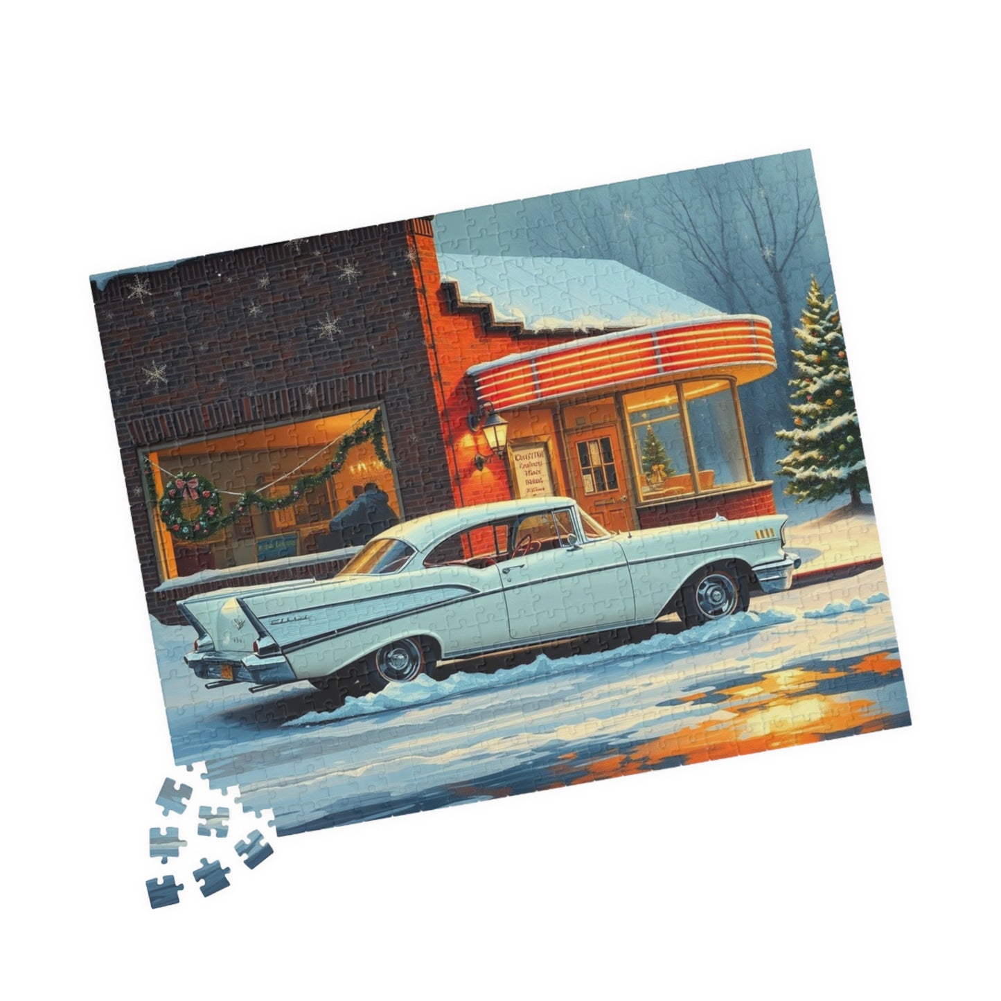 Vintage Car Puzzle - Winter Scene, Nostalgic Classic 1957 Bel Air Jigsaw Game Puzzle The Puzzle Chest